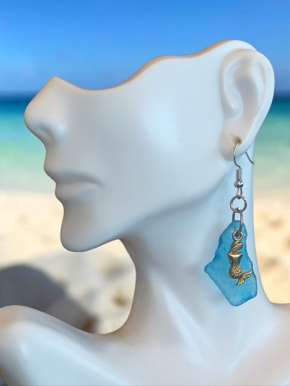 Blue Sea Glass Mermaid Dangle Earrings